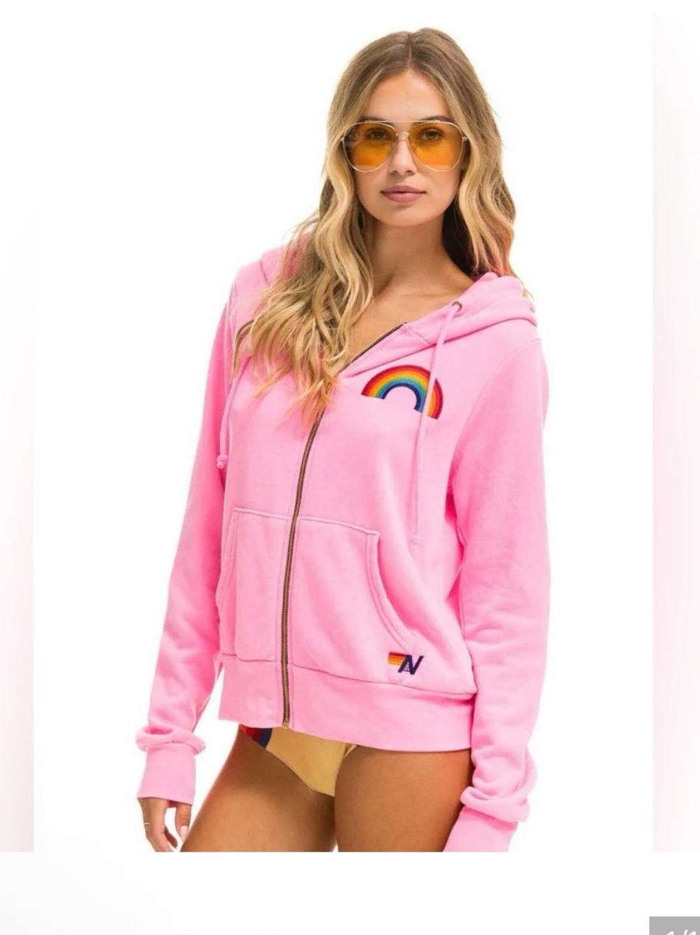 Aviator Nation Rainbow Embroidered Hoodie Full Zip Pink Sz XL